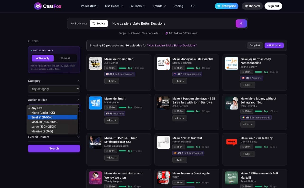 CastFox Audience Size filter dropdown with tiers from Niche under 10K listeners to Massive over 250K CastFox Audience Size filter dropdown with tiers from Niche under 10K listeners to Massive over 250K