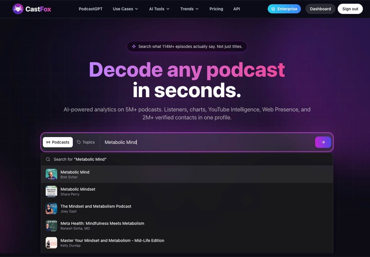 CastFox search bar in Podcasts mode with 'Metabolic Mind' typed and autocomplete suggestions showing the podcast artwork and host CastFox search bar in Podcasts mode with 'Metabolic Mind' typed and autocomplete suggestions showing the podcast artwork and host