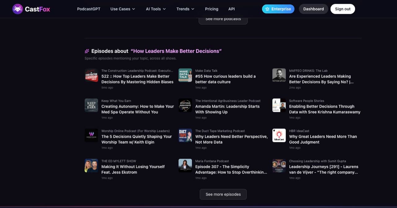 CastFox 'Episodes about' section listing specific episodes from different podcasts that discuss how leaders make better decisions, with how long ago each aired CastFox 'Episodes about' section listing specific episodes from different podcasts that discuss how leaders make better decisions, with how long ago each aired