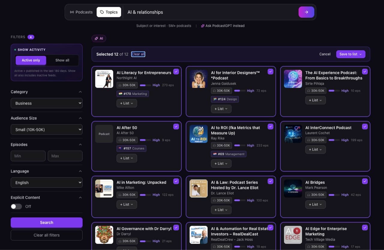 CastFox search results in selection mode with 'Selected 12 of 12' and every podcast card checked, ready to save to a list CastFox search results in selection mode with 'Selected 12 of 12' and every podcast card checked, ready to save to a list