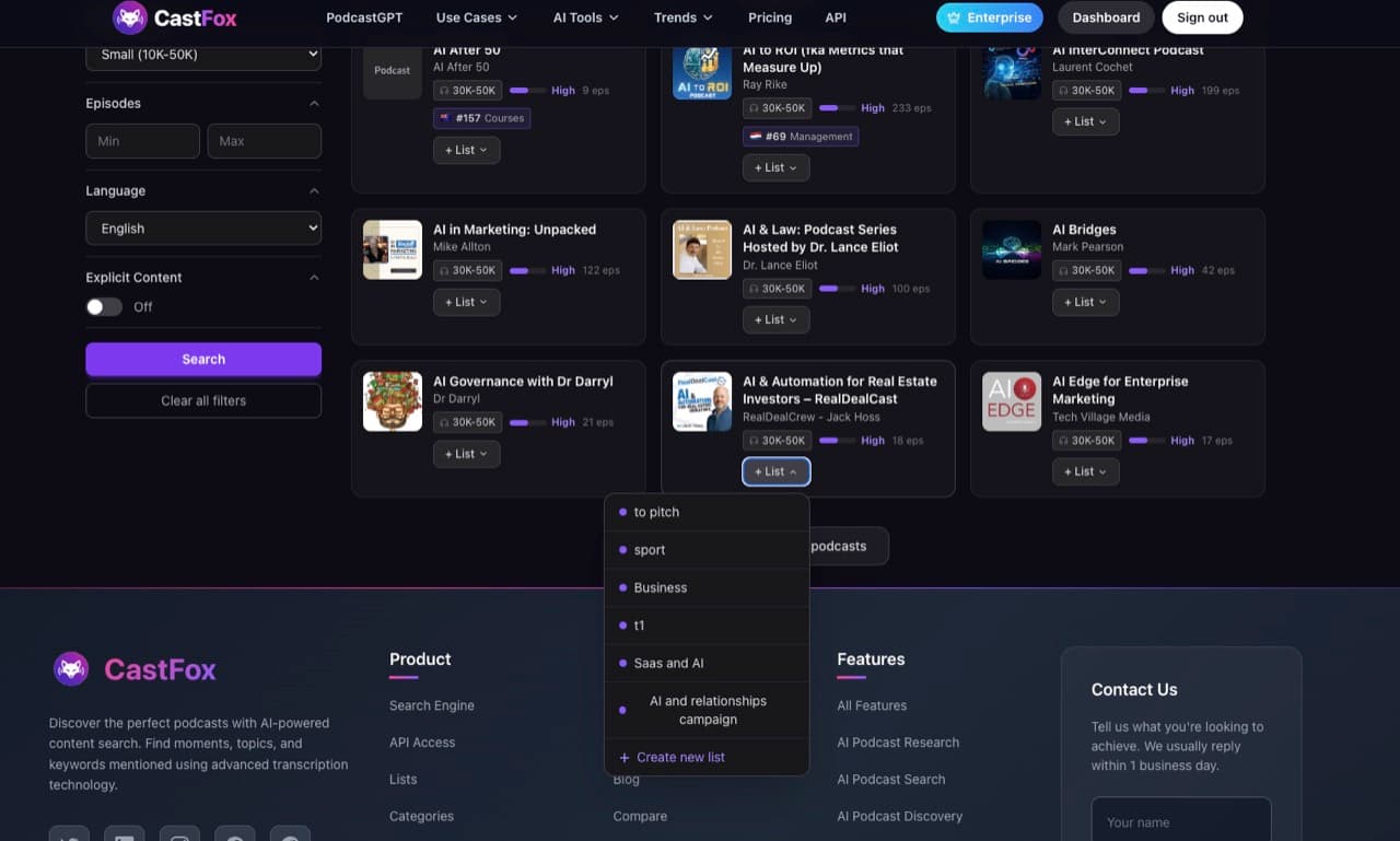 A single CastFox result card's List dropdown open, showing the newly created 'AI and relationships campaign' as a destination A single CastFox result card's List dropdown open, showing the newly created 'AI and relationships campaign' as a destination