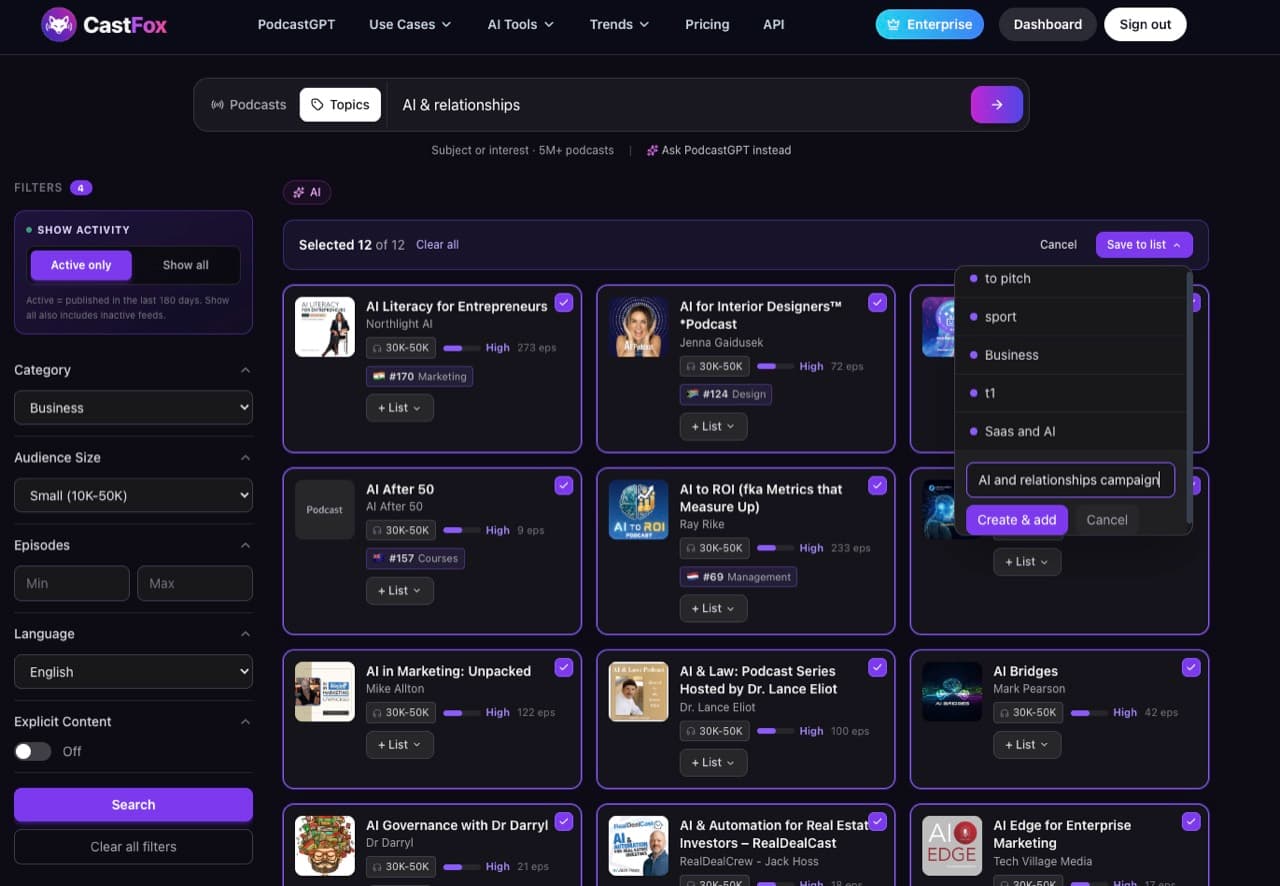 CastFox new list field with 'AI and relationships campaign' typed and a Create & add button CastFox new list field with 'AI and relationships campaign' typed and a Create & add button