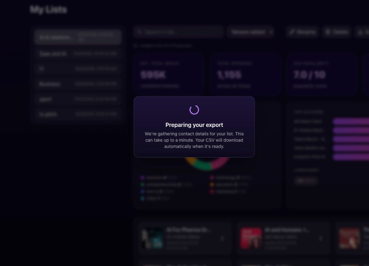 CastFox export dialog reading 'Preparing your export, we're gathering contact details for your list' CastFox export dialog reading 'Preparing your export, we're gathering contact details for your list'