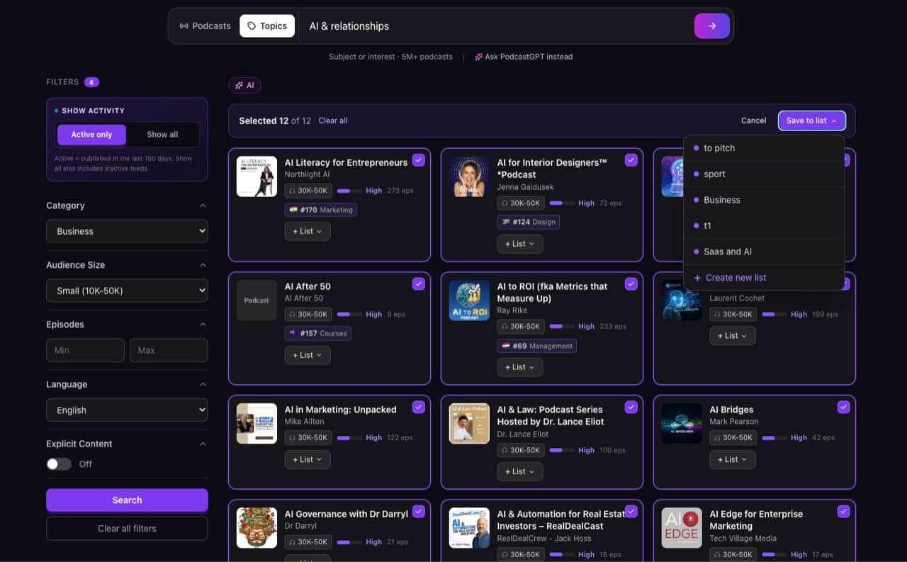CastFox Save to list dropdown showing existing lists such as 'to pitch', 'Business' and 'Saas and AI' plus a Create new list option CastFox Save to list dropdown showing existing lists such as 'to pitch', 'Business' and 'Saas and AI' plus a Create new list option