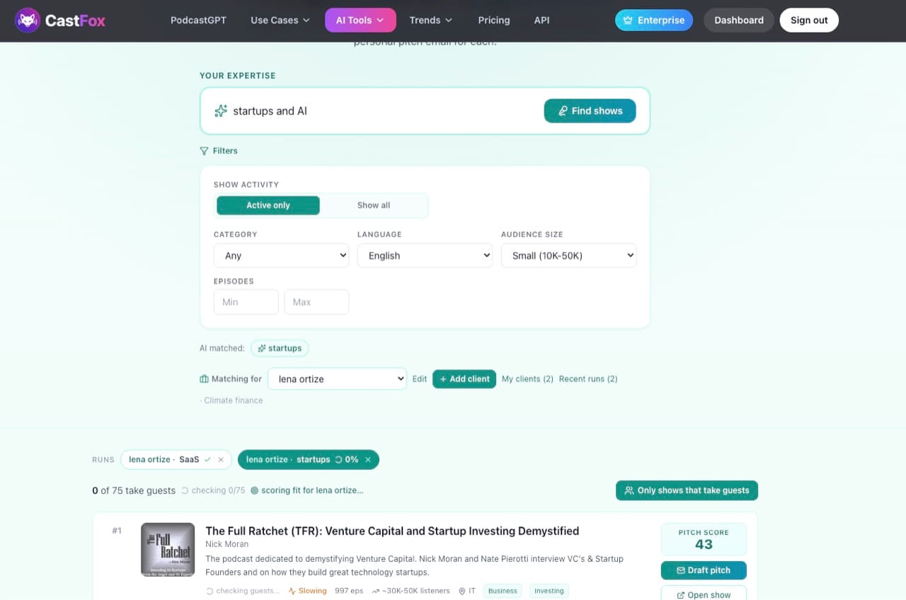 CastFox Guest Finder with the query changed to 'startups and AI' and the same client profile Lena Ortiz selected, starting a second run CastFox Guest Finder with the query changed to 'startups and AI' and the same client profile Lena Ortiz selected, starting a second run