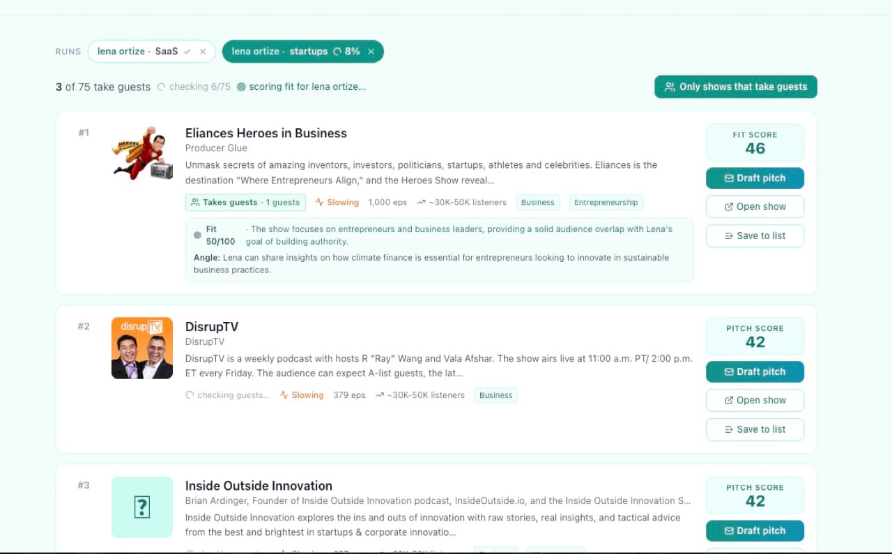 Two CastFox Guest Finder run chips, SaaS done and startups in progress, with a different set of podcast results shown Two CastFox Guest Finder run chips, SaaS done and startups in progress, with a different set of podcast results shown