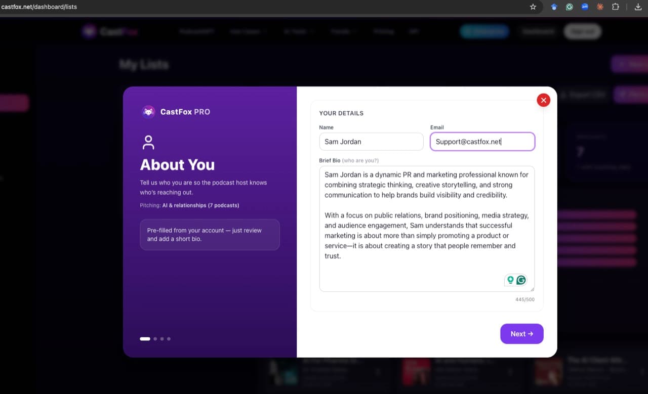 CastFox pitch wizard step one, About You: name, email and bio fields, with 'Pitching: AI & relationships (7 podcasts)' CastFox pitch wizard step one, About You: name, email and bio fields, with 'Pitching: AI & relationships (7 podcasts)'