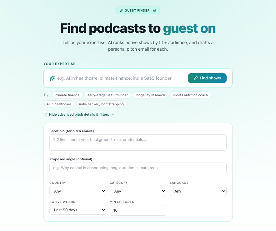 AI Guest Finder with Pitch Score ranking and AI-drafted pitch emails