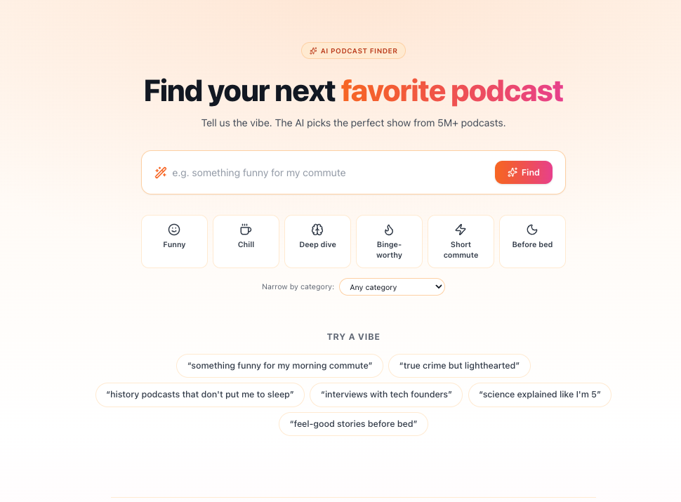 AI Podcast Finder with mood presets and ranked recommendations