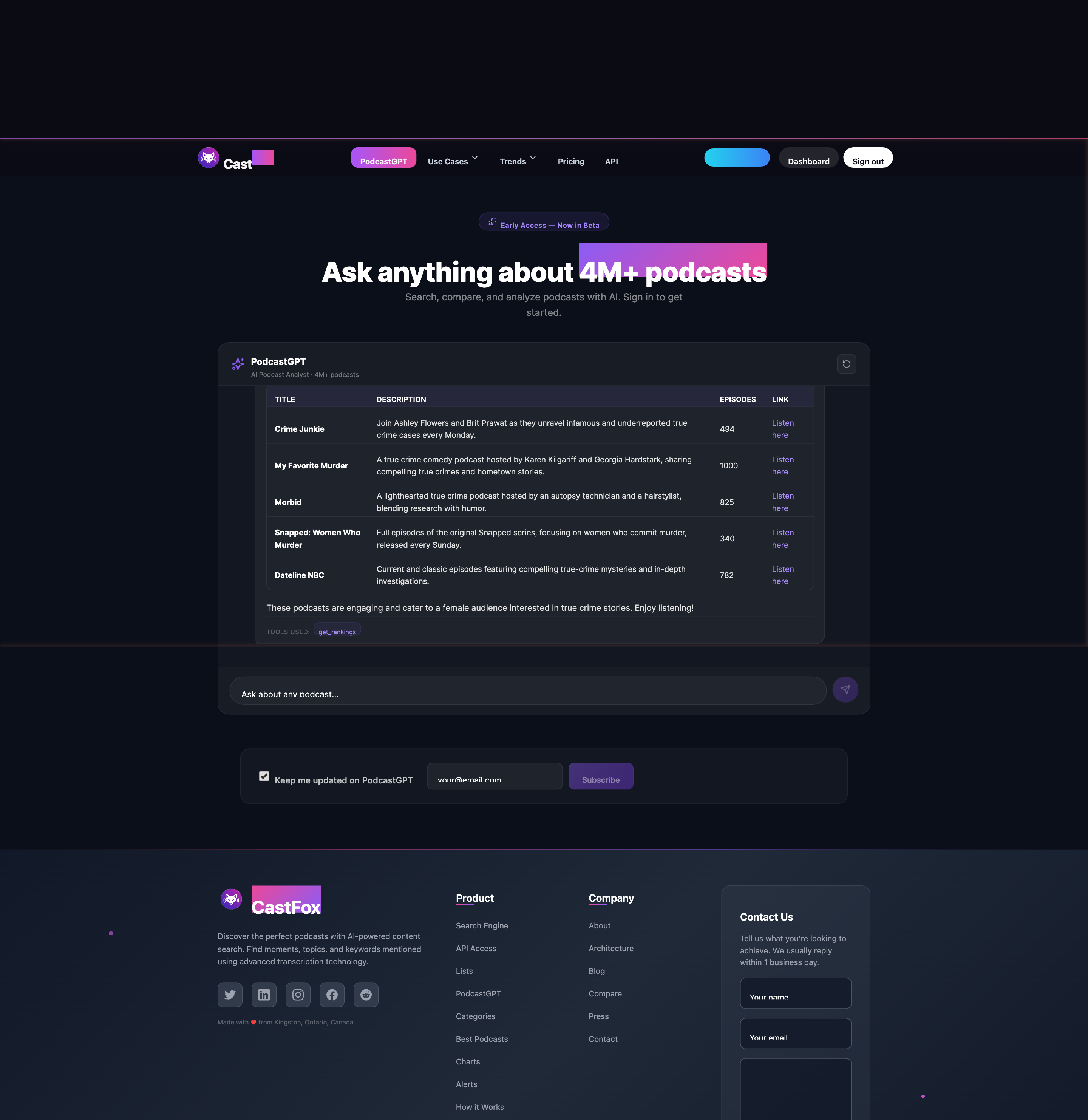 PodcastGPT showing top true crime podcasts with female audiences in the US — Crime Junkie, My Favorite Murder, Morbid, Snapped: Women Who Murder, Love Trapped